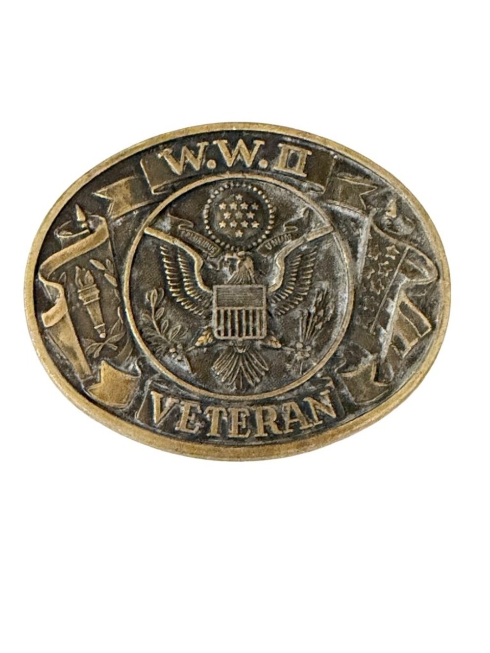WWII Veteran Eagle Emblem Belt Buckle Gold Tone Military Patriotic Accessory